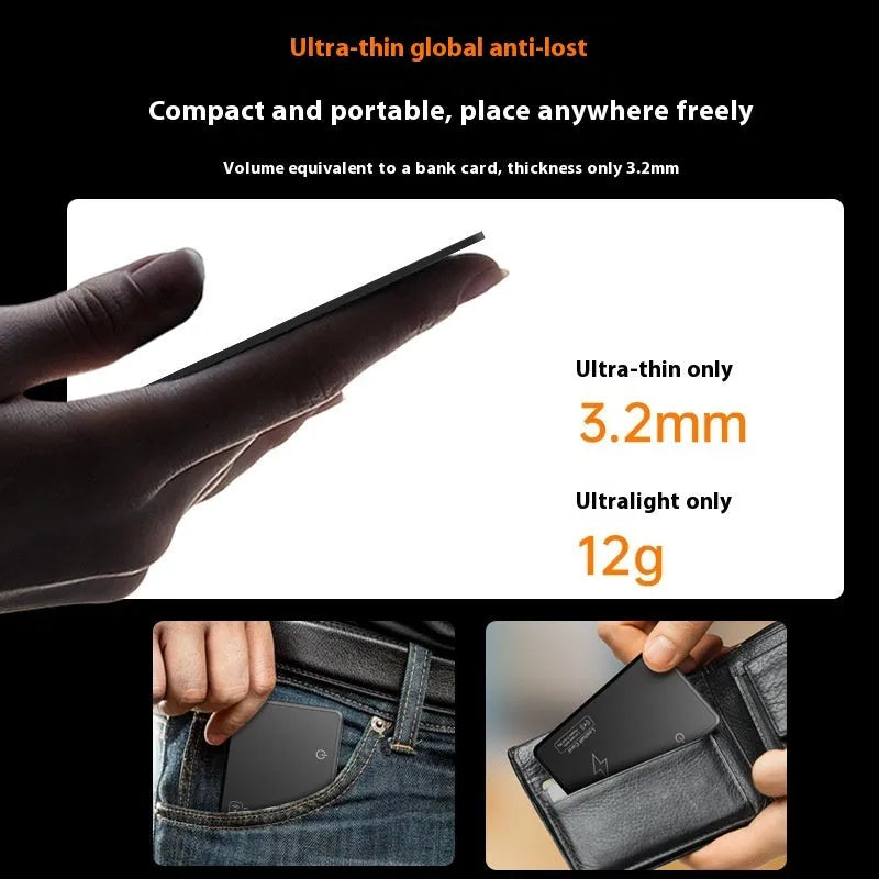 Black rechargeable Find My compatible tracking card with keychain attachment