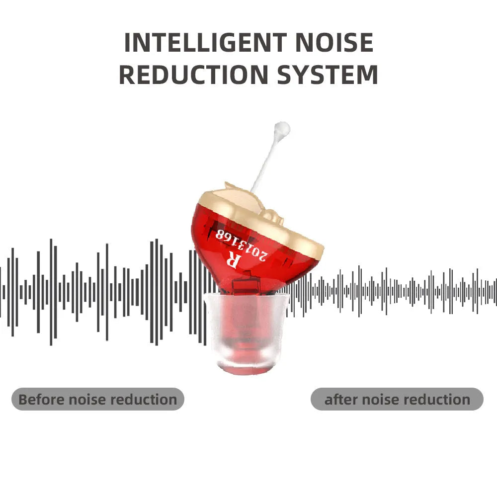 Q10 CIC hearing aid in red and blue colours showing compact 1.8cm x 1.2cm x 0.9cm size with included accessories