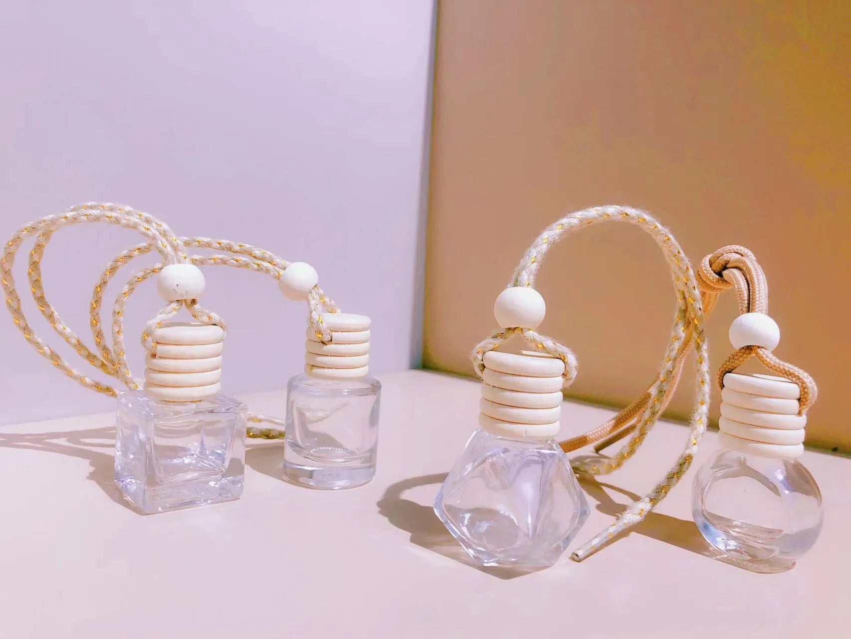 Car perfume pendant fragrance with glass bottle in cylinder, diamond, flat drum and square shape options