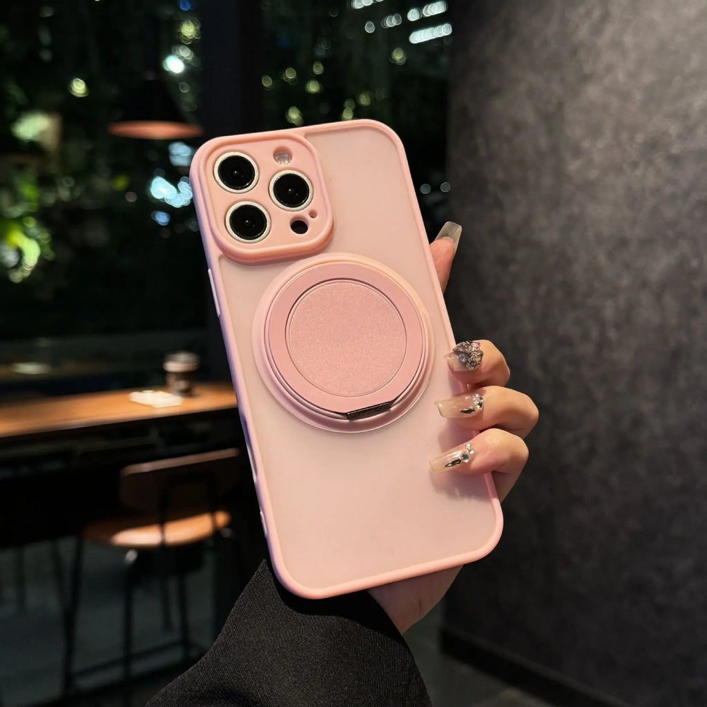 Frosted magnetic rotating bracket phone case for iPhone 17 shown in desert gold colour with bracket extended