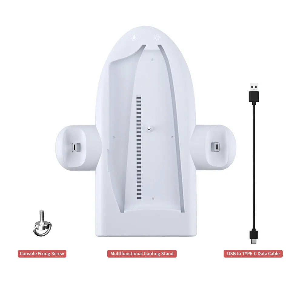 White PS5 charging station with RGB lights, cooling fan, and controller charging belt
