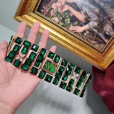Antique court retro bracelet watch with round glass and coloured glaze dial and alloy bracelet