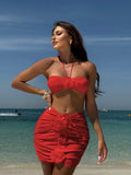 White or red women's bikini swimsuit with 3D flower pattern split design