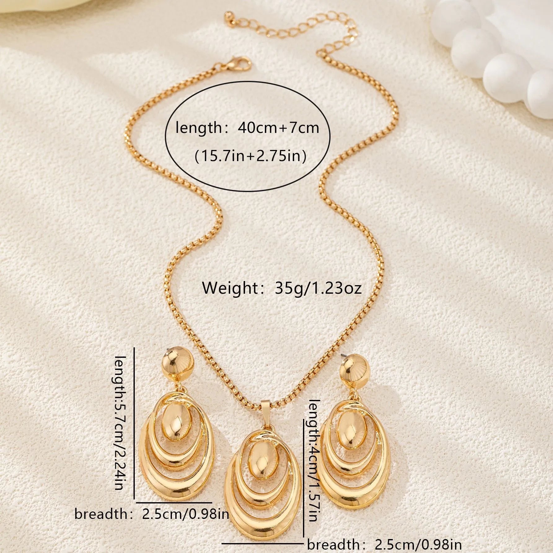 Fashion creative multi-ring drop shape earrings necklace three-piece set in golden alloy for women