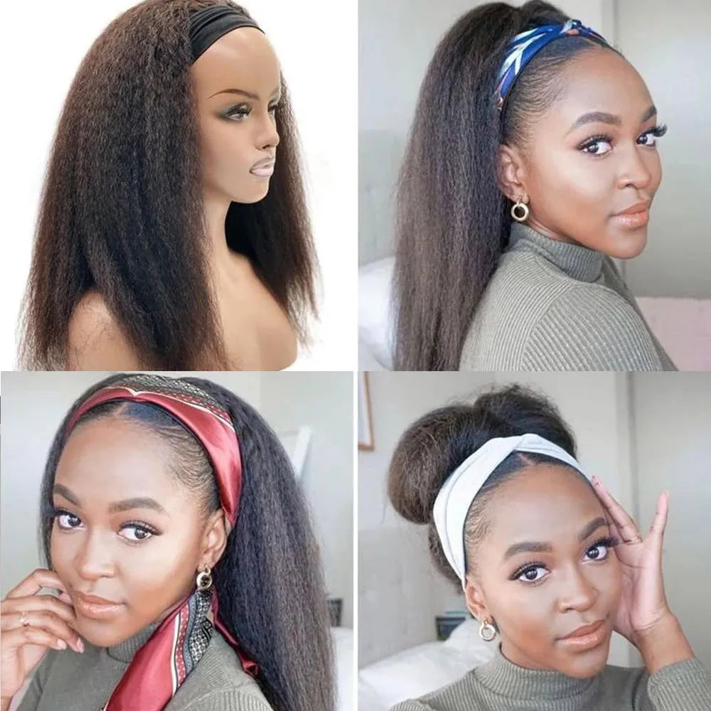 Headband wig human hair kinky straight natural 1B colour 8 to 26 inch length no knots