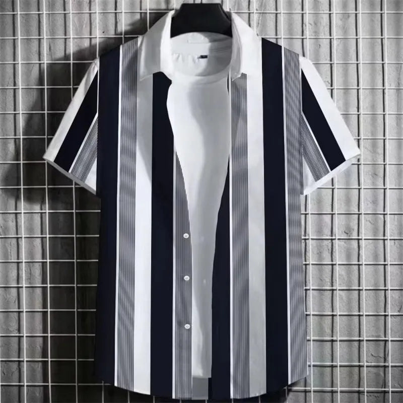 Men's striped linen t-shirt with 3D print design in extended sizing