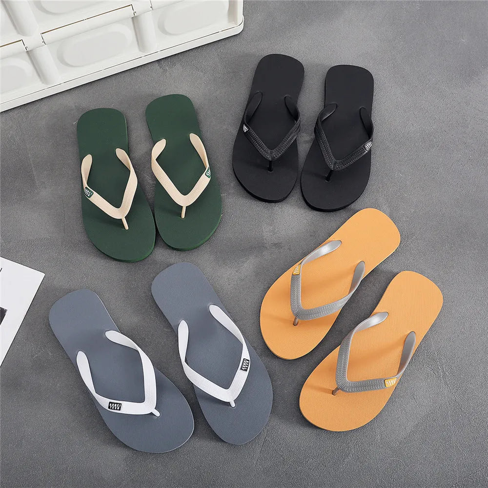 Men's black vulcanised rubber sole flip-flops with a textured EVA foam upper.