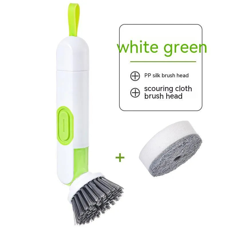 White and red long-handle kitchen brush with liquid dispenser button and two removable brush heads.
