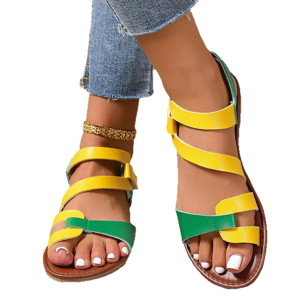 Women's flat casual sandals with Velcro strap in black, brown, and colourful options