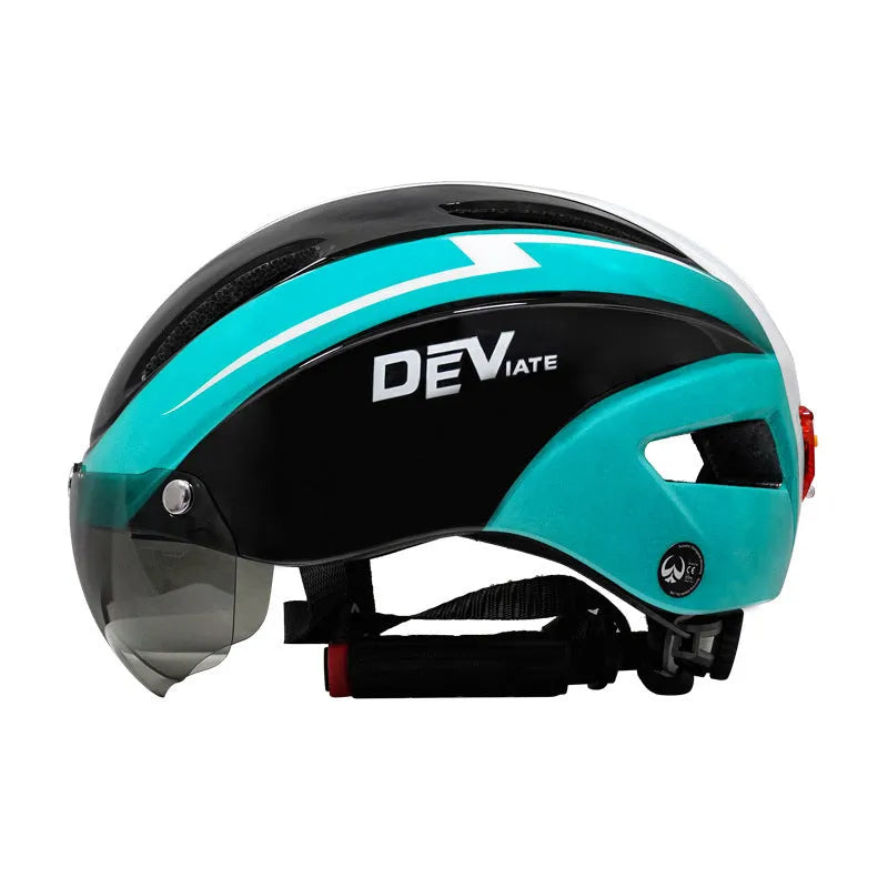 Adult bicycle helmet in Black Blue White colour scheme with adjustable straps and free size fit.