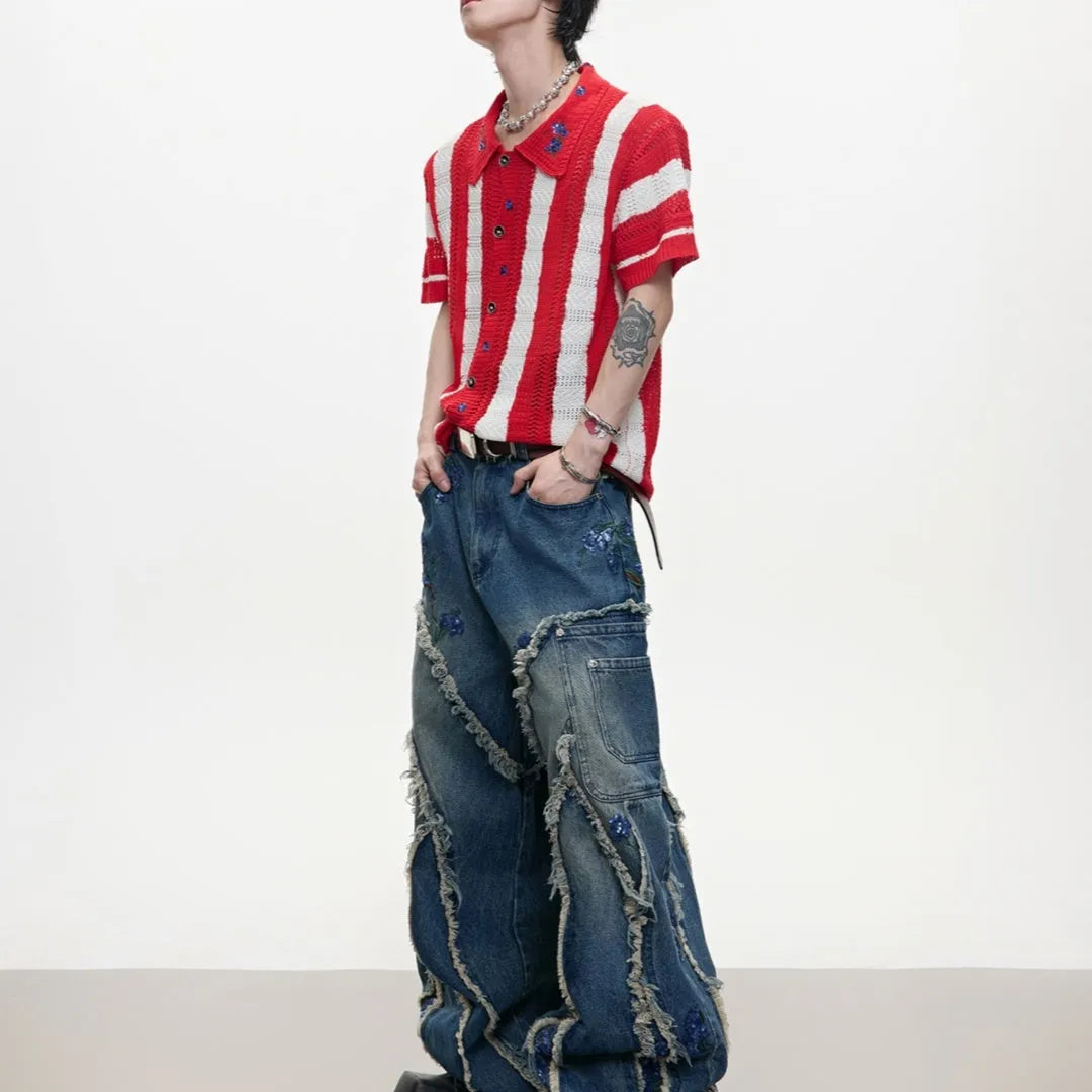 Men's retro patchwork striped knitted short sleeved shirt with decorative buttons in loose fit