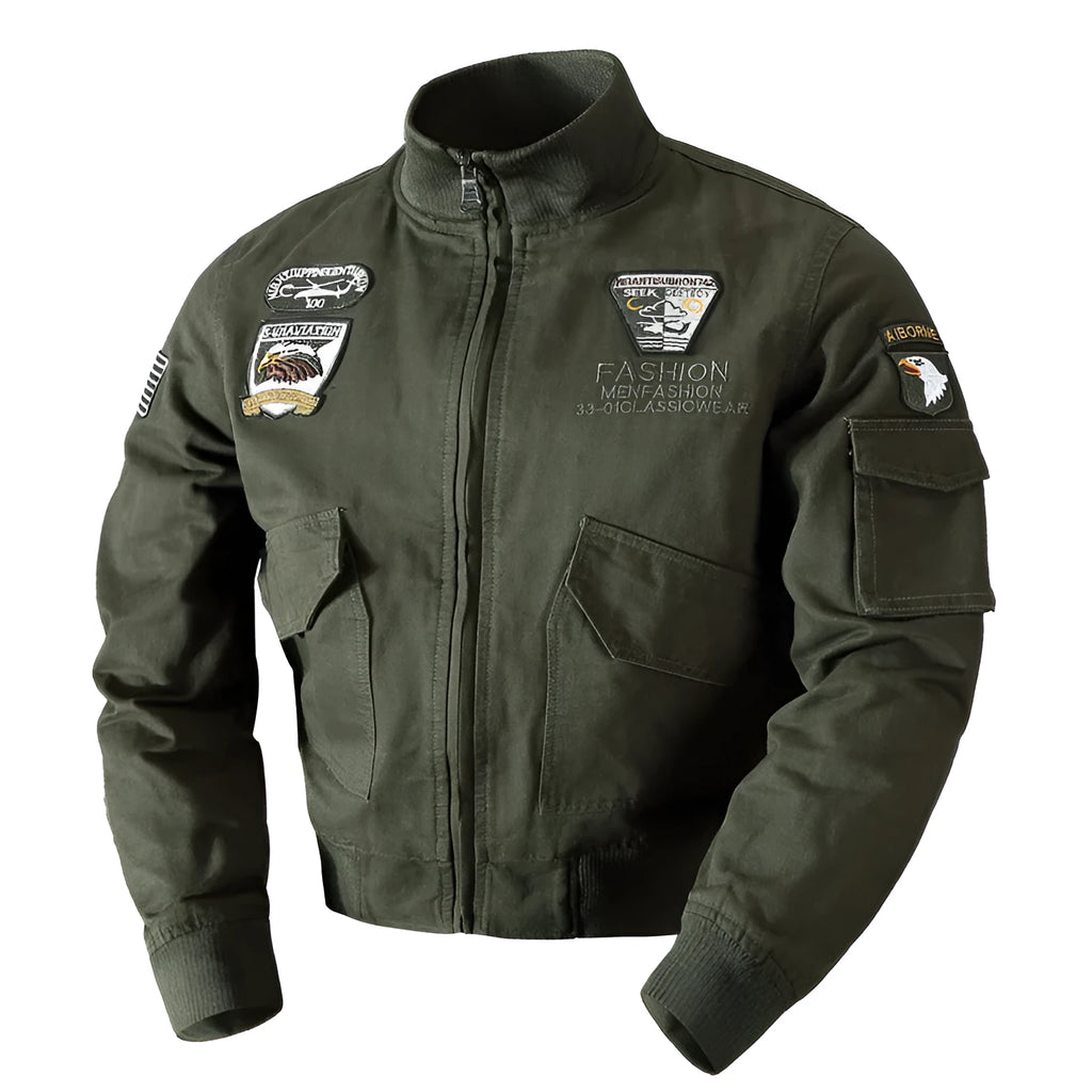 Men's loose military jacket in khaki, printed polyester fibre, front view