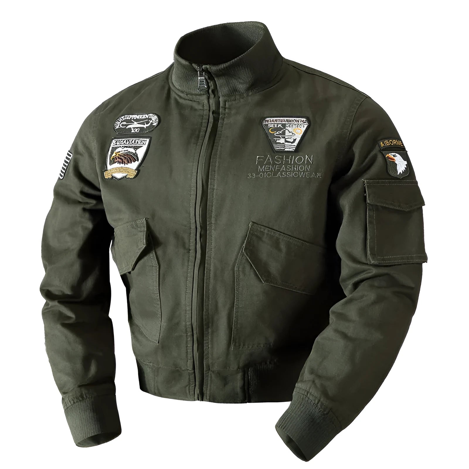 Men's loose military jacket in khaki, printed polyester fibre, front view