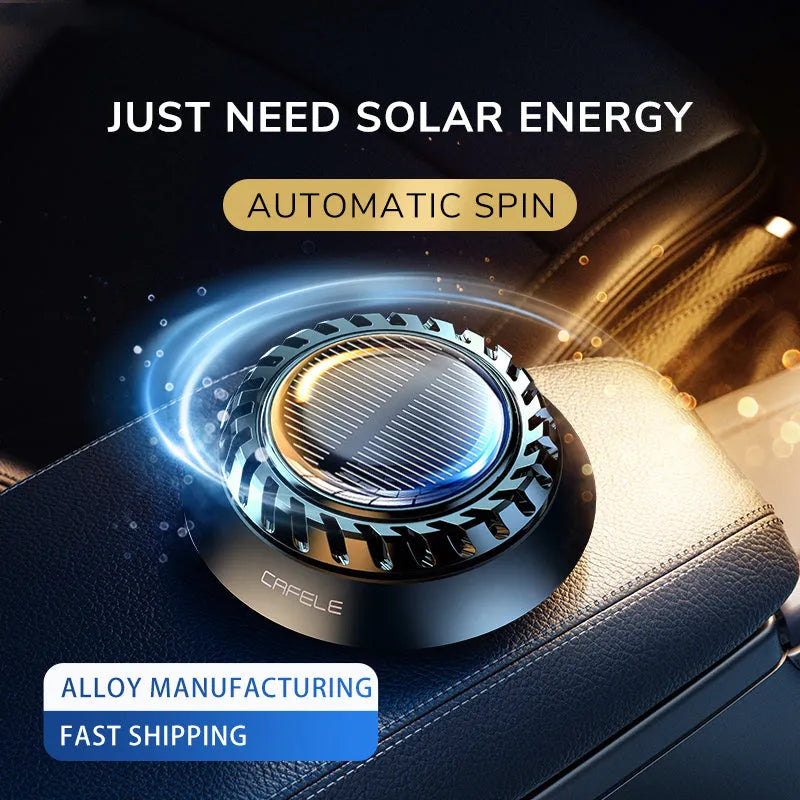 Solar car aromatherapy diffuser with ceramic scented tablet, light-powered rotating air freshener for vehicle interior