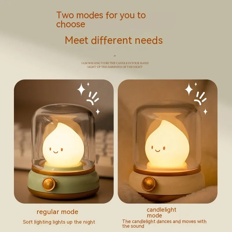 Green retro oil lamp design USB rechargeable LED desk night light on a wooden table.