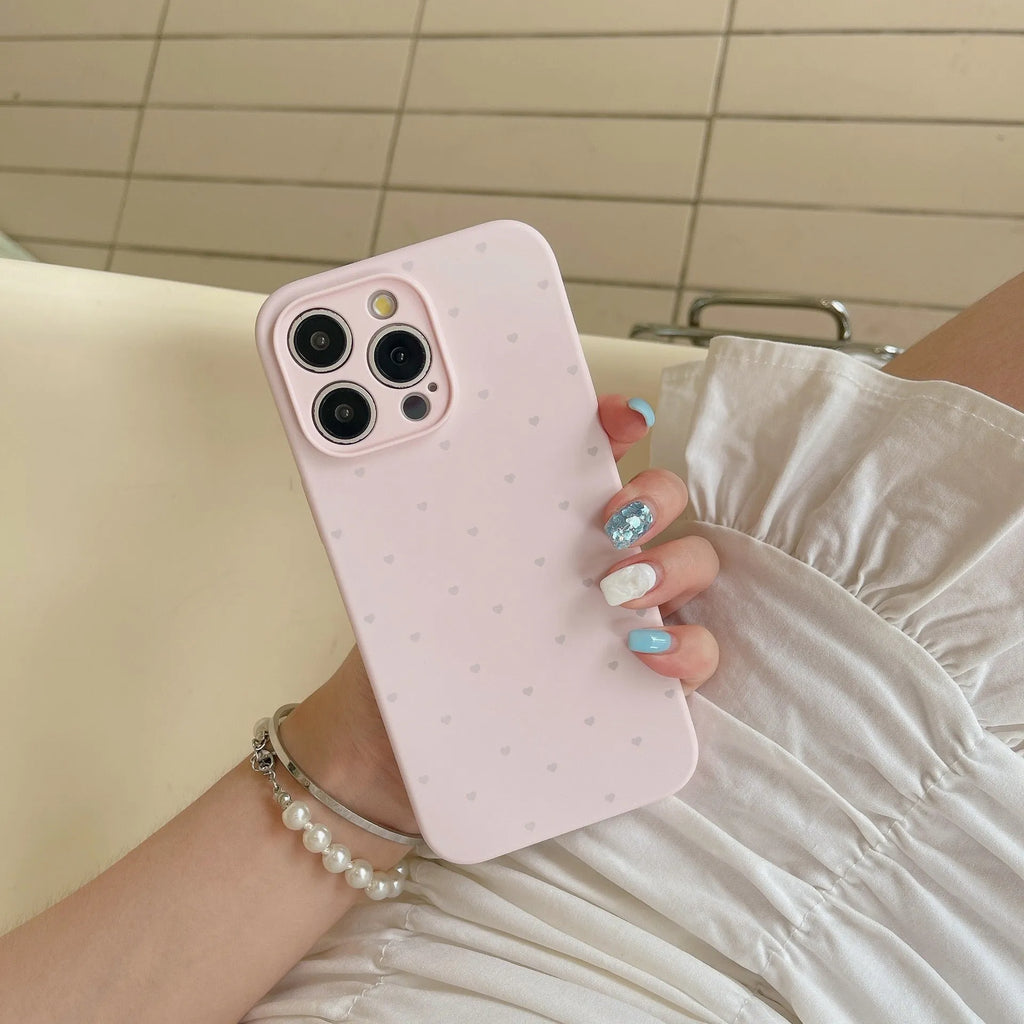 Liquid silicone phone case with love heart design in grass purple for iPhone 13, showing all-inclusive fit