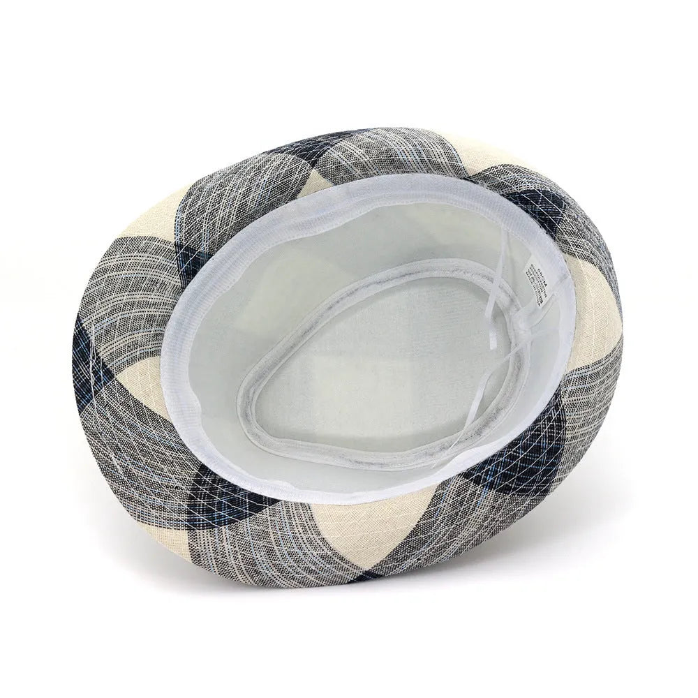 A black and blue polyester sun hat with a wide brim and bell crown for outdoor sun protection.