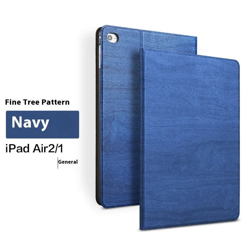 Imitation leather iPad protective case with built-in stand bracket in black and sapphire blue colours.