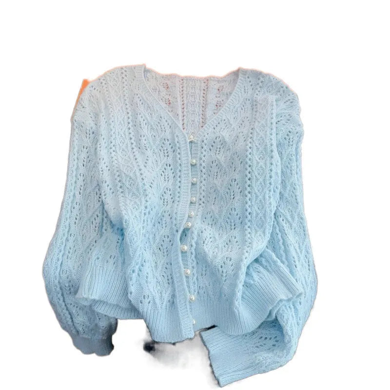 Blue V-neck loose thin cardigan top with flying sleeves and hollow detail, acrylic knit, sizes S to 2XL.