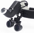 Head-mounted medical magnifying lens with LED spotlight, adjustable brightness, black plastic plexiglass housing