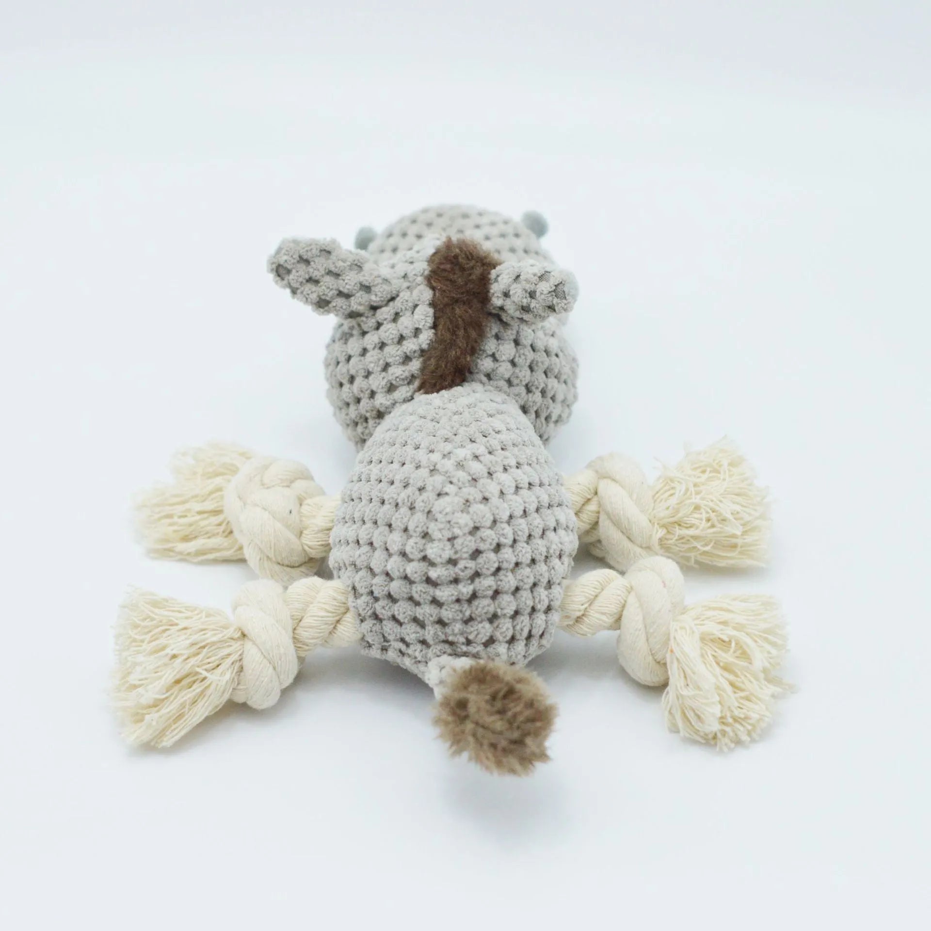 Grey donkey plush dog toy with creak sound measuring 27x20x9.5cm