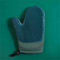 Dark blue pet grooming glove for removing cat and dog hair with mesh surface