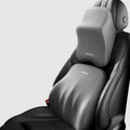 Geometric patterned memory foam car lumbar support pillow and matching headrest in grey.