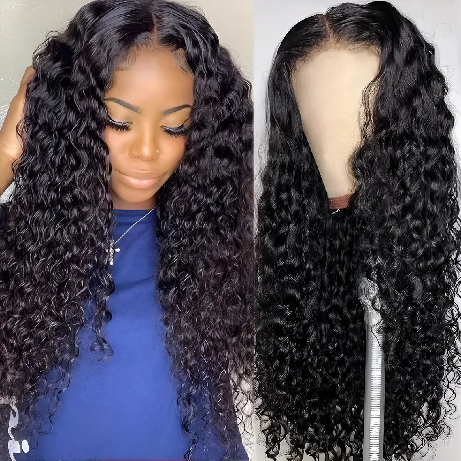 Black front lace synthetic wig with long curly hair and side bangs on display