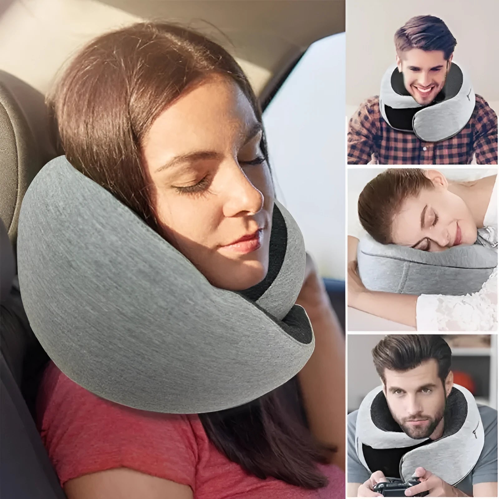 Navy blue U-shaped travel neck pillow with memory foam filling shown rolled for compact storage