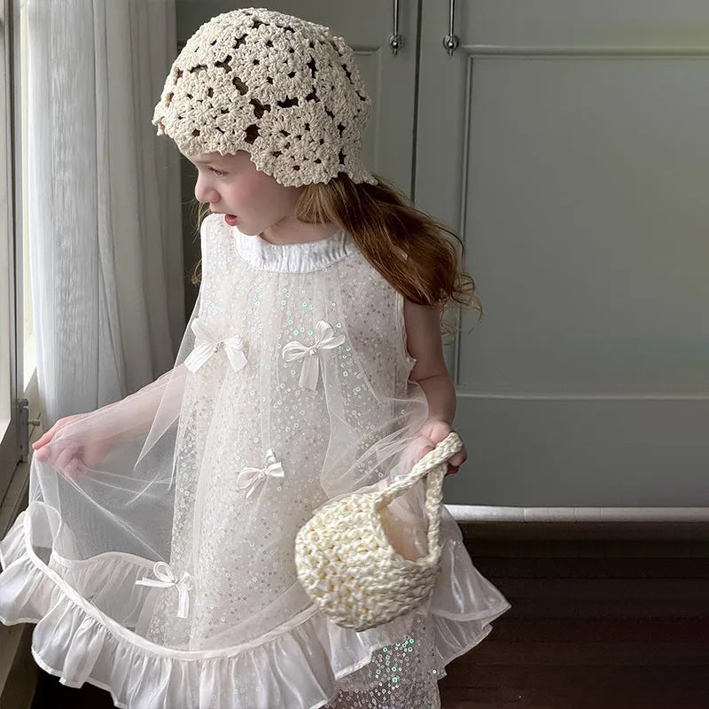 Girls super fairy bow sequins princess dress in beige, cotton-lined summer dress for children 90-130cm