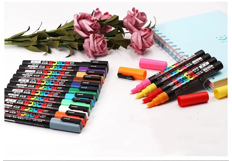 Acrylic marker pen set with 0.9mm nibs in plastic casing, showing colour options from 8 to 24 pens