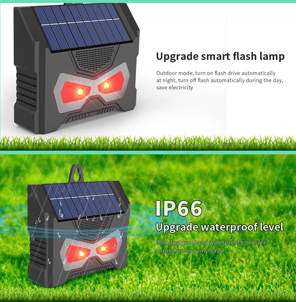 Black animal-shaped solar ultrasonic pest repeller for outdoor use.