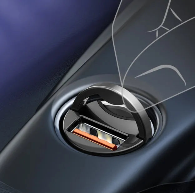 Grey Baseus Huixiaoxing 30W single USB car charger with a 1-metre cable.