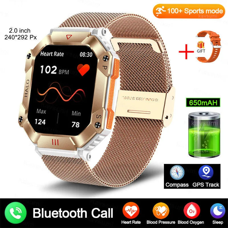 Android GPS smart watch with Bluetooth call on wrist, showing resin dial and titanium alloy case with optional leather strap.