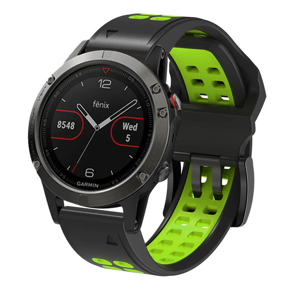 Quick release two-tone silicone sports watch strap showing pin buckle and ventilation holes.