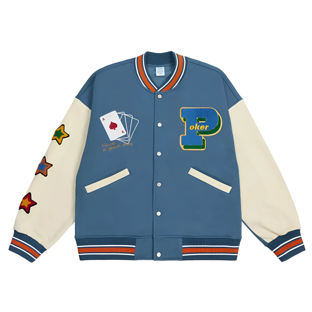 Blue varsity baseball uniform jacket with stand-up collar, single-breasted front, and loose fit, sizes S to XL