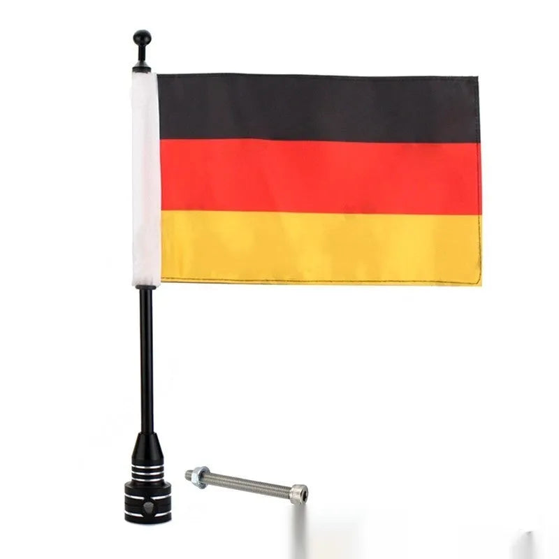 Black and silver chrome vehicle tail box flagpole for mounting on bumpers or luggage racks.