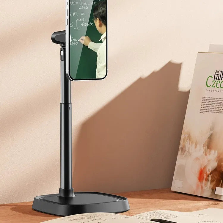 Magnetic phone holder retractable desktop stand in T8 magnetic black, alloy construction, universal fit