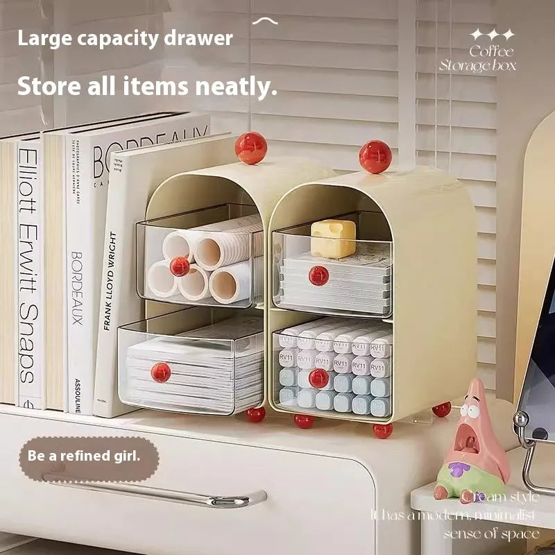 Transparent large capacity plastic drawer storage box in Milky White Red for office use