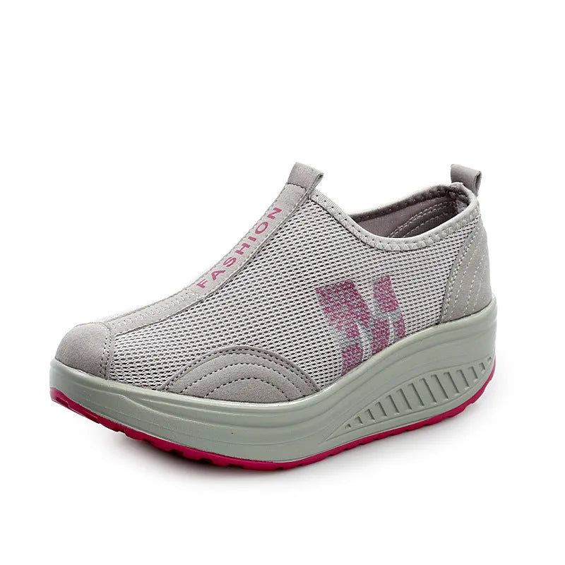 Women's casual wedge platform sneakers in 259 Black with mesh upper, round toe, and lace-up closure