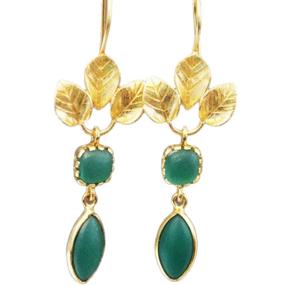 Gold-colour drop-shaped earrings with French leaves tassel design and small zircon stones.