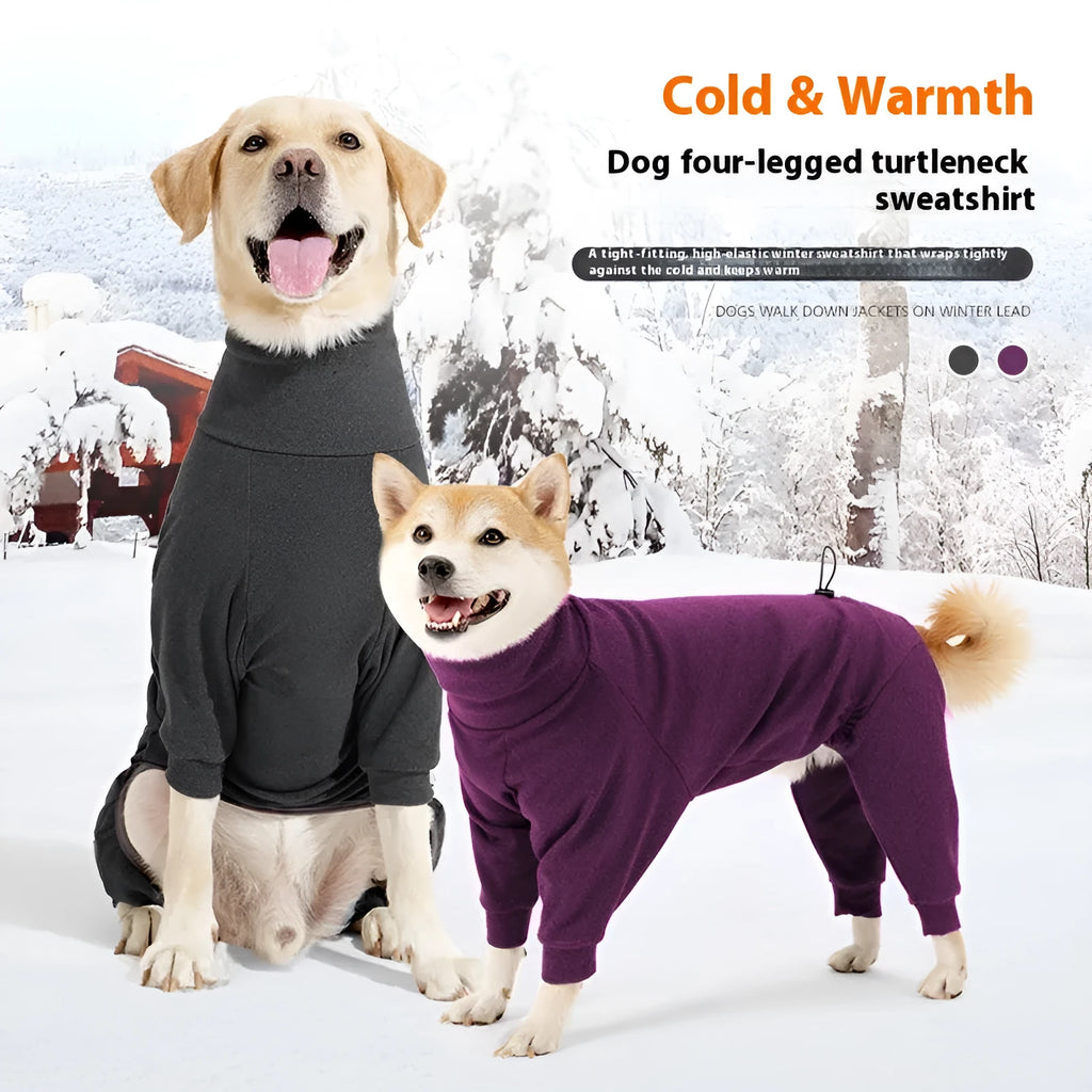 Four-legged polar fleece dog suit with high collar in dark grey colour on a medium-sized dog