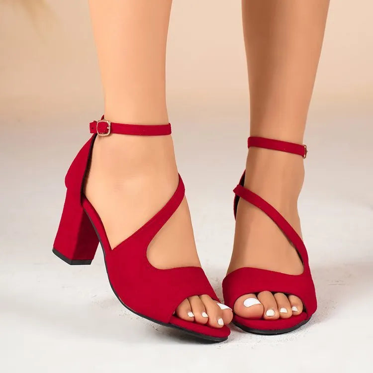 Women's Roman chunky heel sandals with buckle PU upper rubber sole beige black red sizes 34-45
