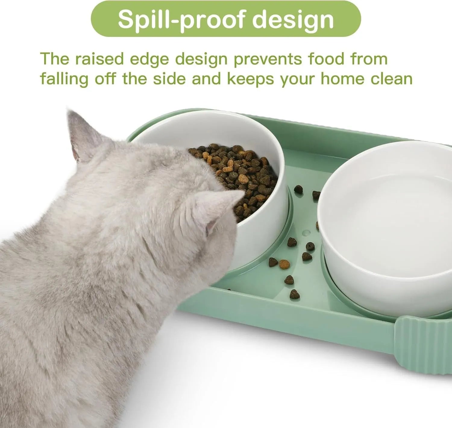 Green ceramic raised cat bowl set with two bowls on a tilted stand and non-slip base.