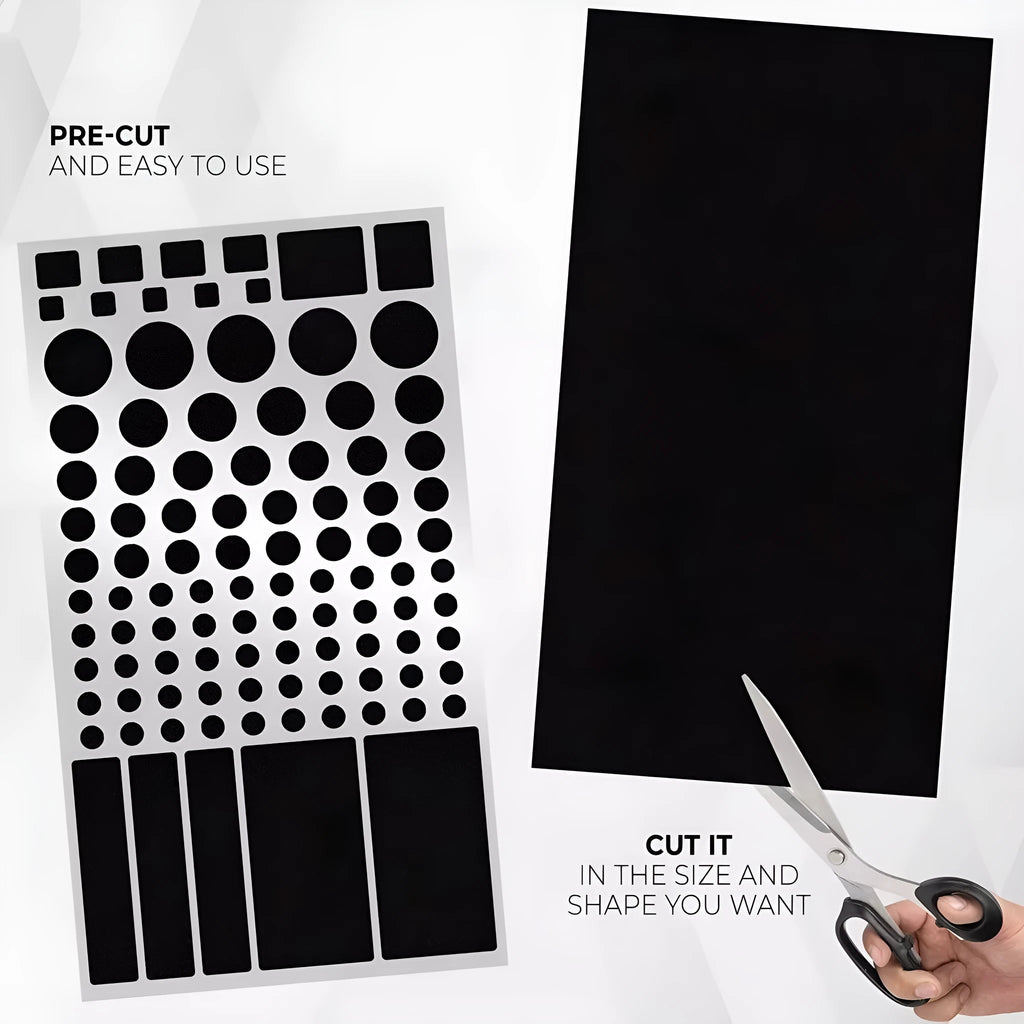Pack of matte black adhesive stickers for blocking LED lights on air conditioning units and electronics.