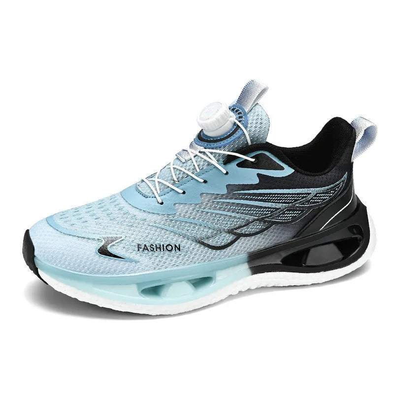 Low top youth sneaker with rotating button fastener in light blue, black, or white and blue colourways.