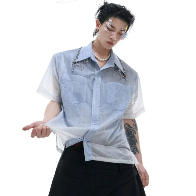 Men's blue and white gradient loose-fit short sleeve summer shirt on a hanger.