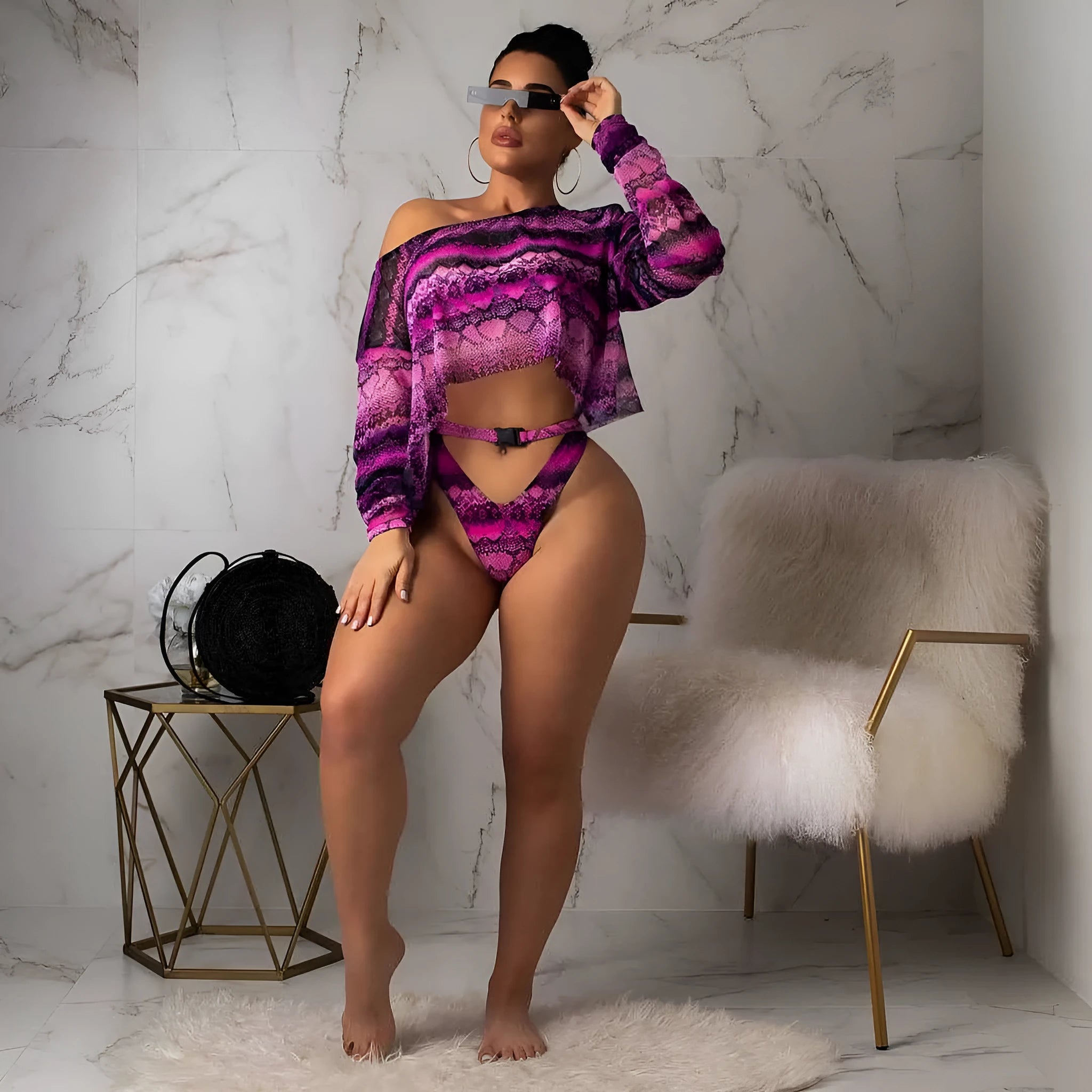 Women's snakeskin print bikini three-piece set with long sleeves in blue, green or purple