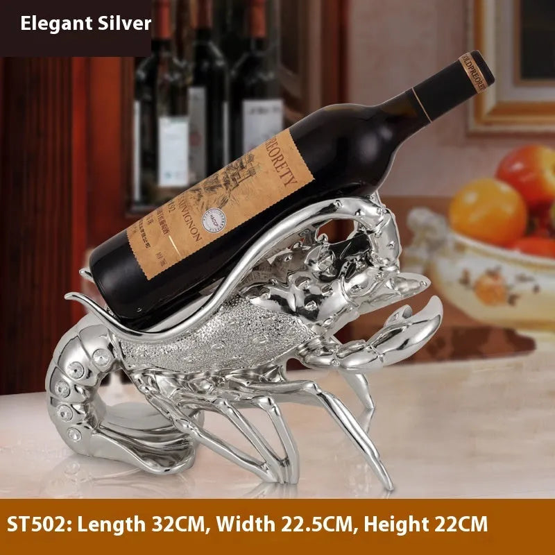 Lobster-shaped decorative wine rack ornament in rose gold or silver holding wine bottle