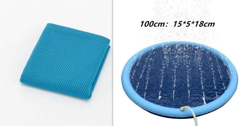 Non-slip PVC splash pad inflated in backyard with blue colour for kids and pet dog summer water play